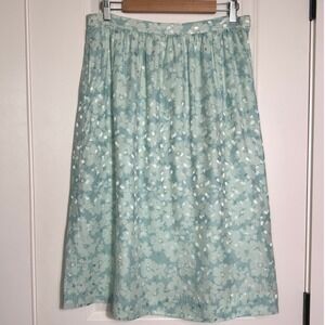 Vintage Silk Floral Maxi Skirt Elastic Waist Mint Green Sheen Women's Size 14